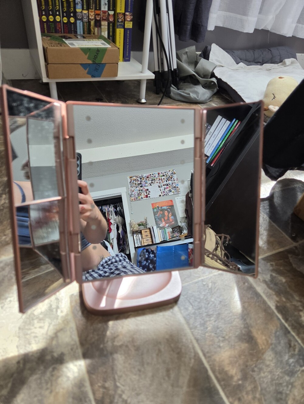 LED Tri-Fold Vanity Mirror in Rose Gold - Compact Makeup Mirror